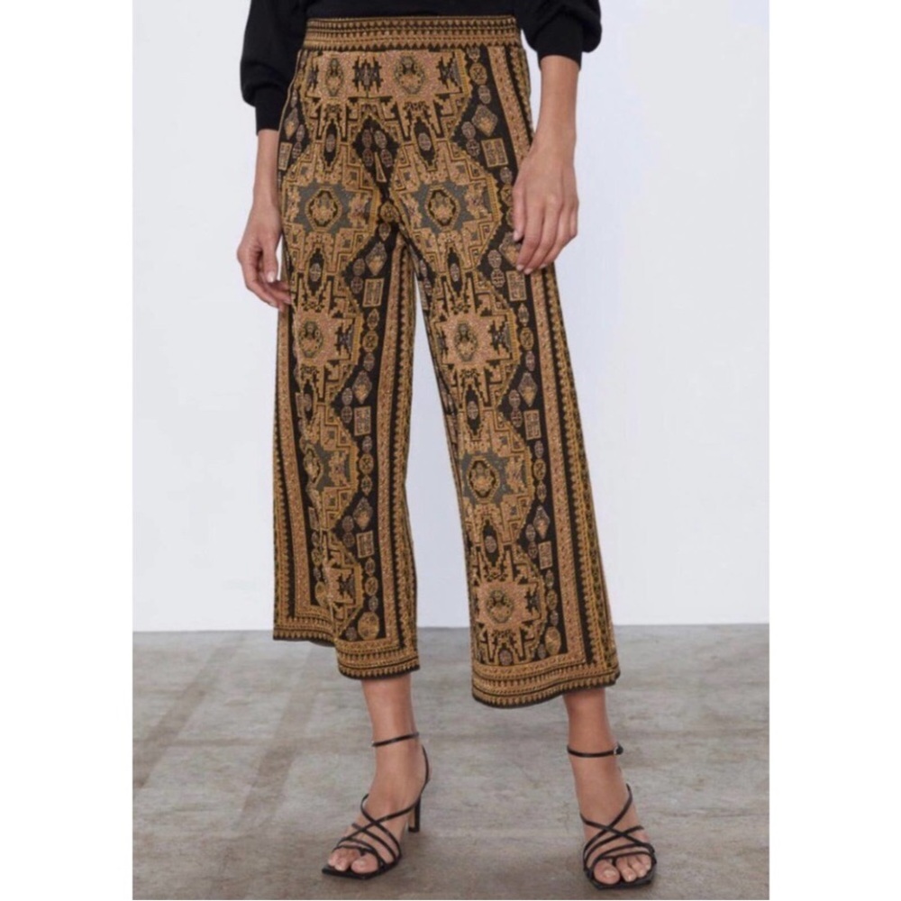 ZARA Wide Leg Metallic Jacquard Knit Pants MEDIUM